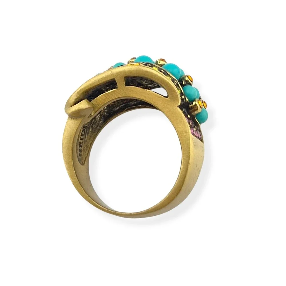 Heidi Daus Faux Turquoise Crystal Ribbon Cocktail Ring Bronzetone Sz10 Art Deco